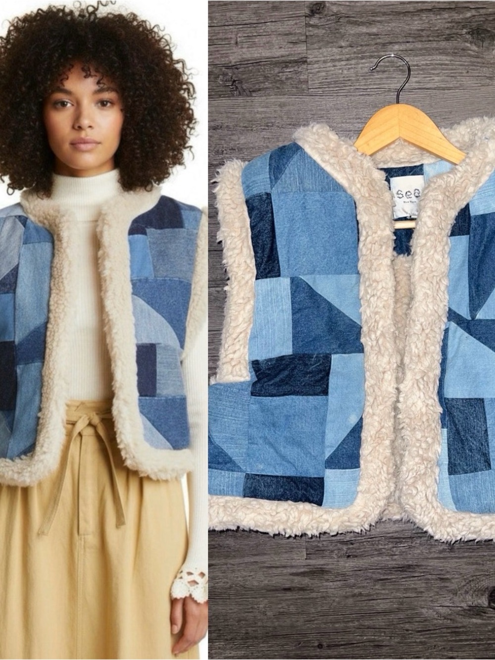 Sea New York Diego Denim Patchwork Shearling Vest Blue Sherpa Vest rare sold out